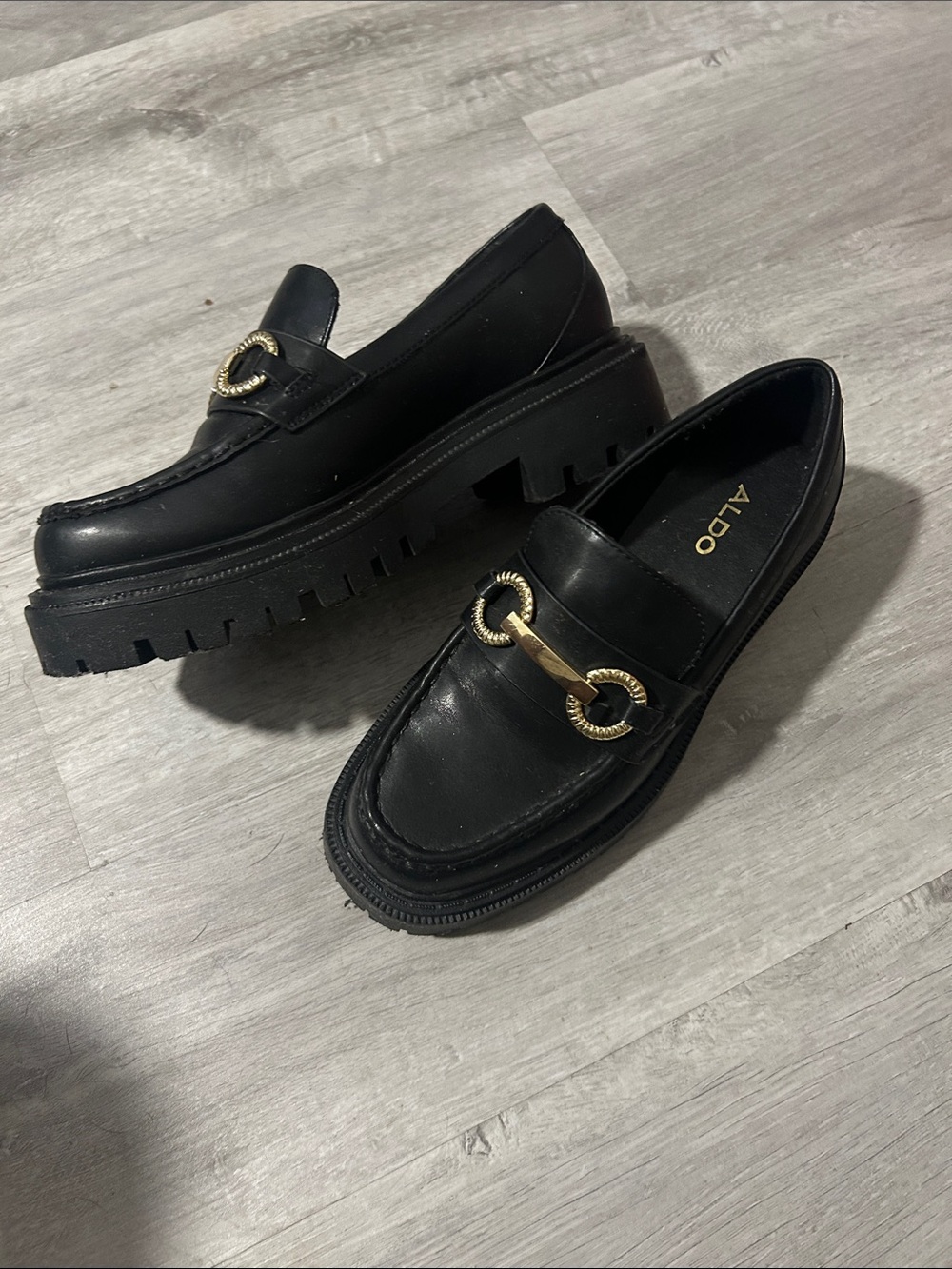 Aldo Black Loafers with Gold Chain Accent